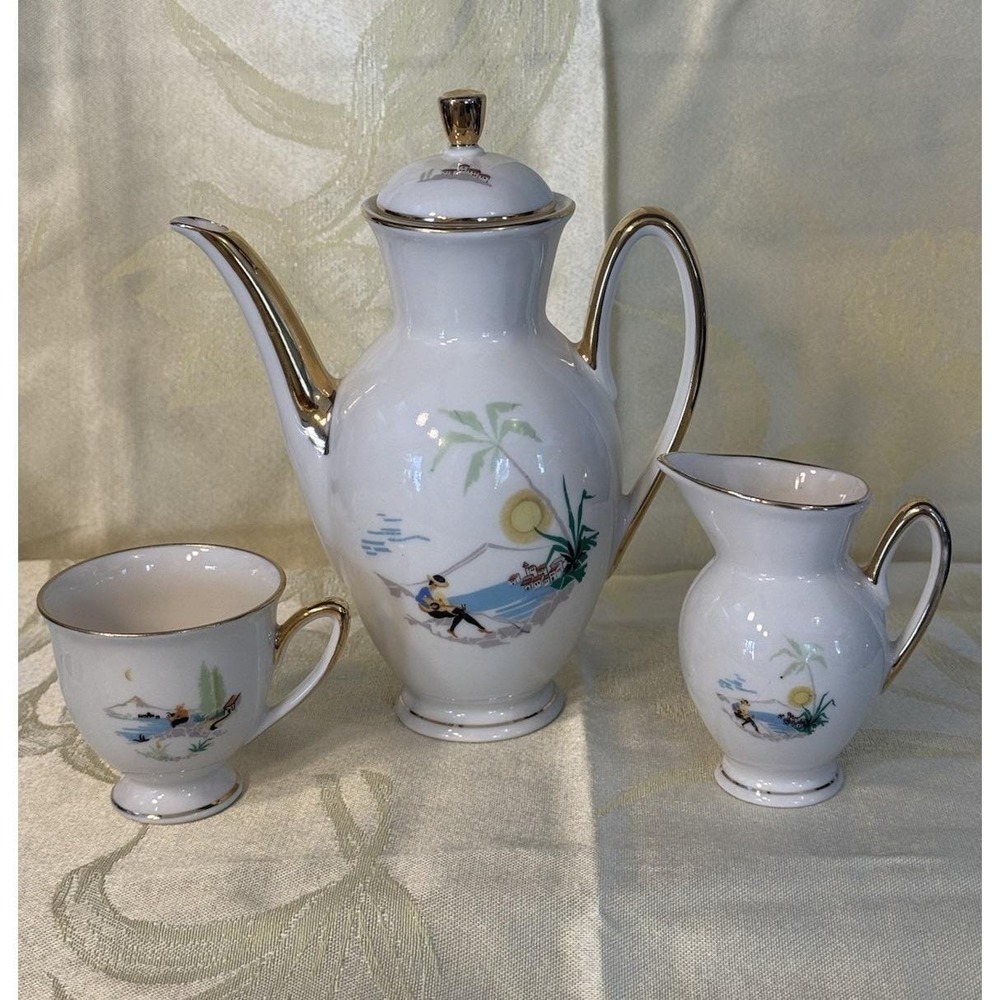 Antique Bavaria Germany Porcelain Coffee Chocolate Scenic Gold Trim 3 Pc 1920s